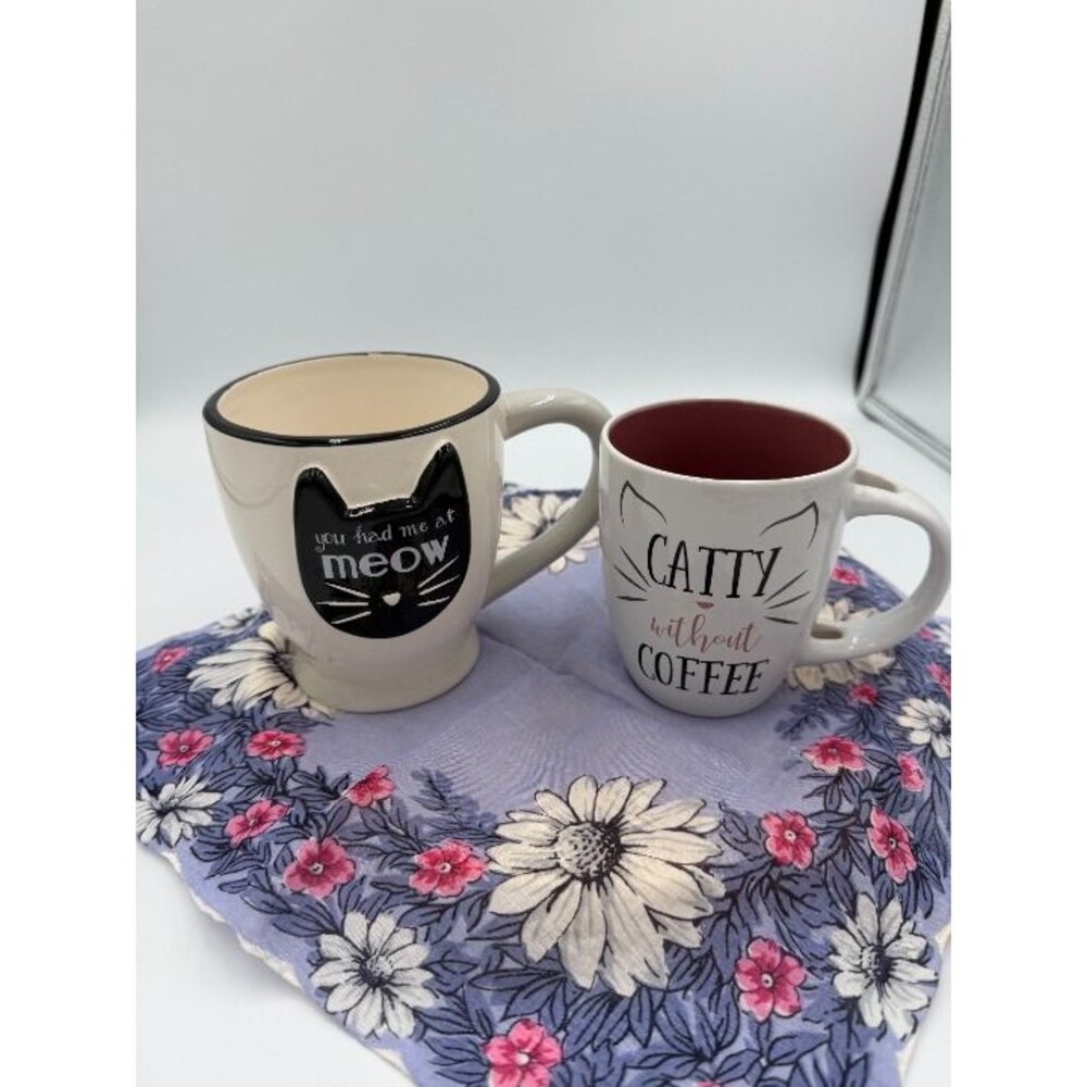 Catty Without Coffee Kitty Cat & You Had Me at MEOW Ceramic Coffee Mug Pair, GUC